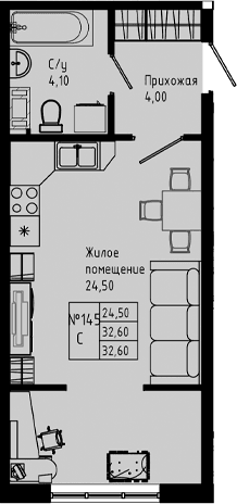 Планировка: Студия 32,6 м² в ЖК «PIXEL»