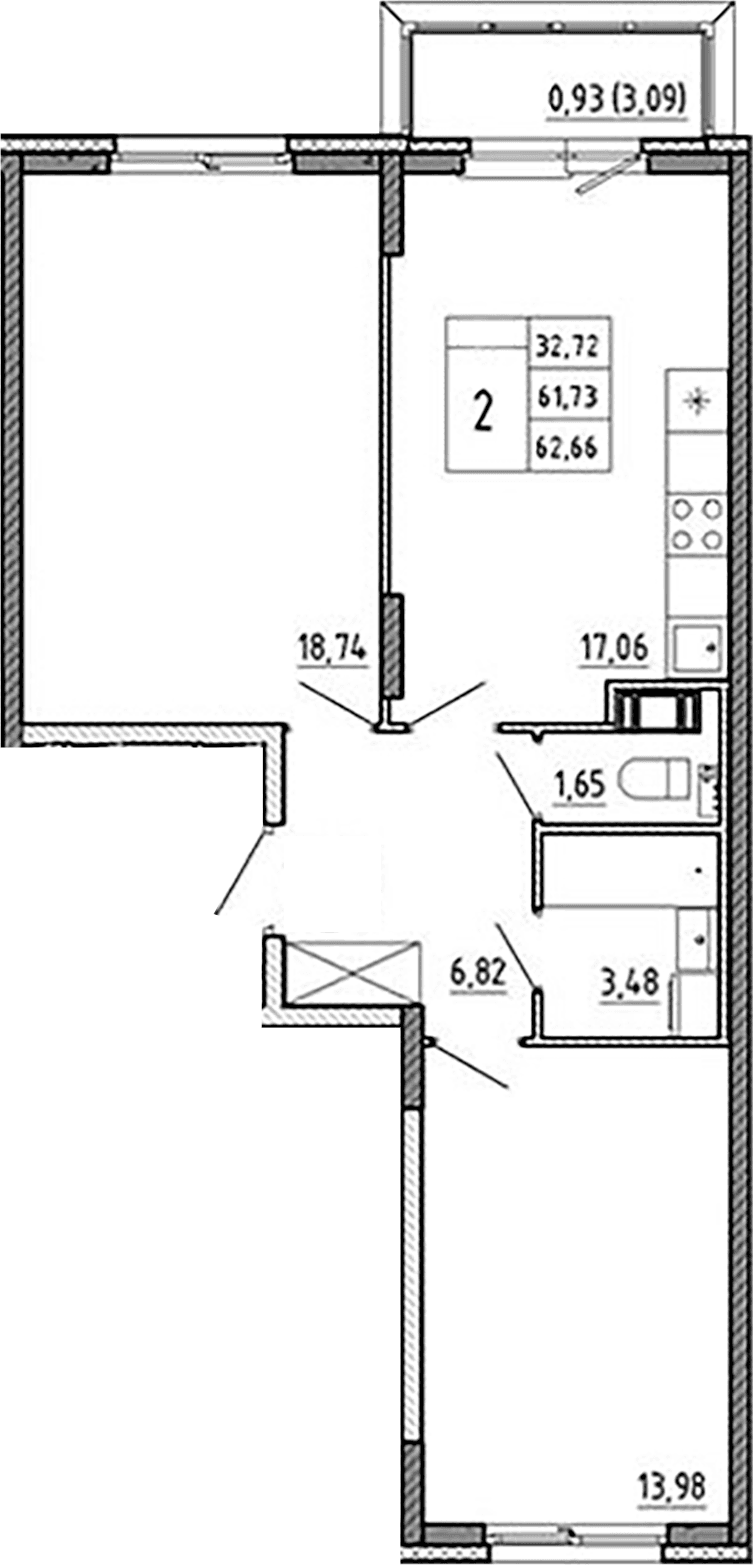 Планировка: Евротрёшка 61,7 м² в ЖК «Аннино Сити»