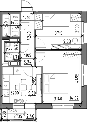 Планировка: 2-комнатная квартира 42,8 м² в ЖК «Догма Юкки»
