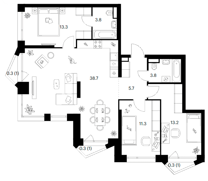 Планировка: 3-комнатная квартира 89,8 м² в ЖК «Строгино 360»