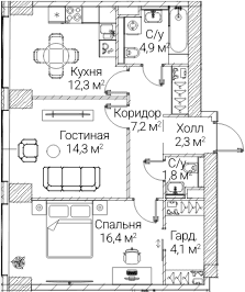 Планировка: 2-комнатная квартира 62,8 м² в ЖК «СЕЗАР БУДУЩЕЕ»
