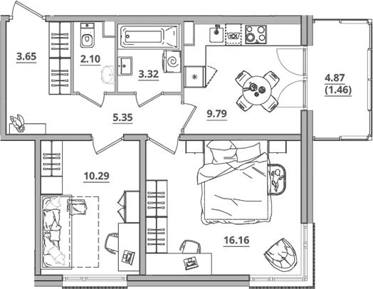 Планировка: 2-комнатная квартира 50,7 м² в ЖК «Тишин»