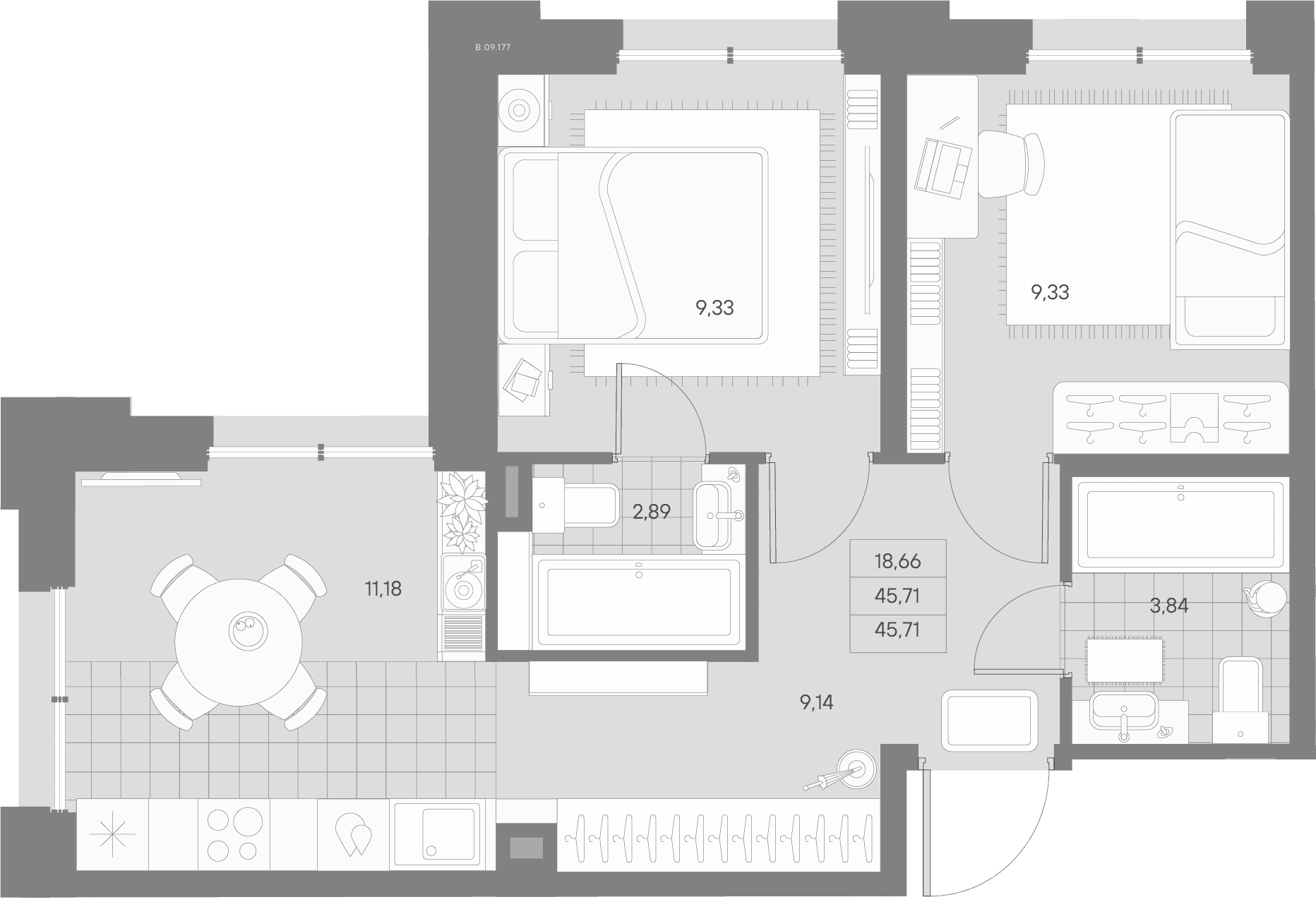 Планировка: Евротрёшка 45,7 м² в ЖК «Альпен»