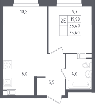 Планировка: Евродвушка 35,4 м² в ЖК «Ольховый квартал»