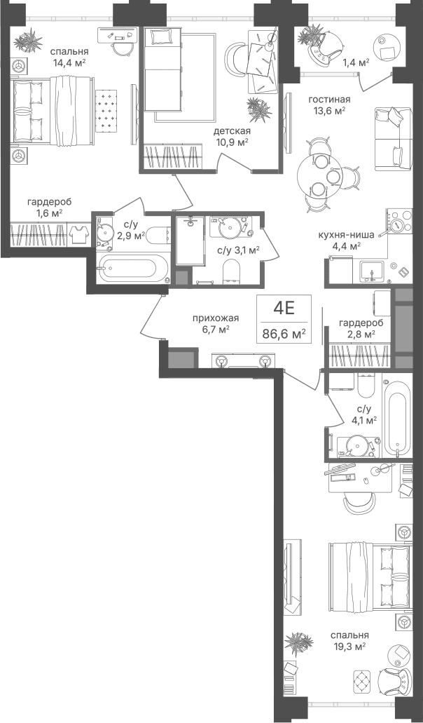 Планировка: Квартира евро-4 83,8 м² в ЖК «Михалковский»