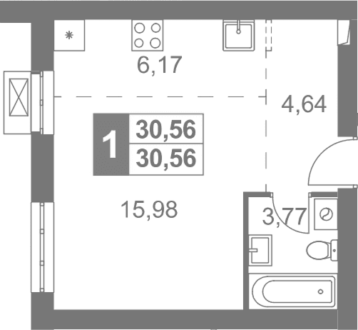 Планировка: Студия 30,6 м² в ЖК «Жаворонки Клаб»
