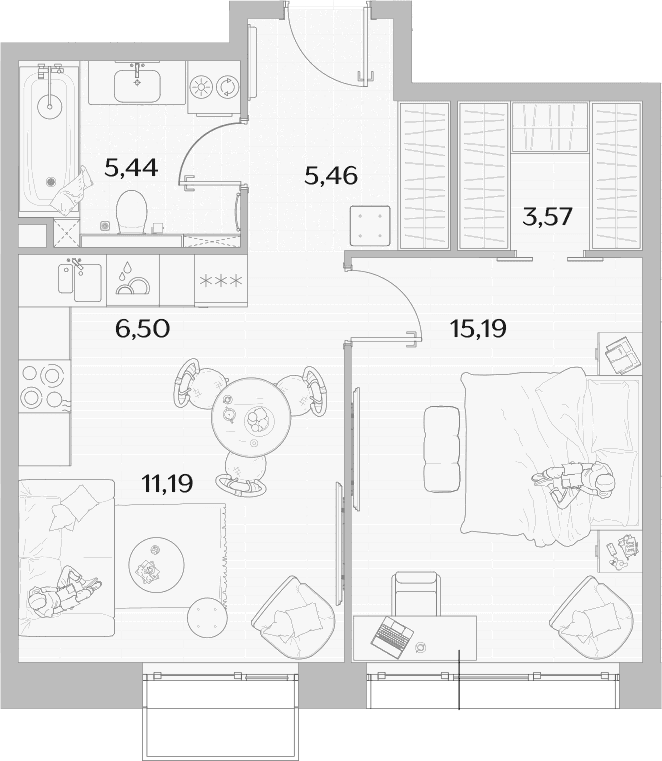 Планировка: Евродвушка 47,4 м² в ЖК «МЫС»