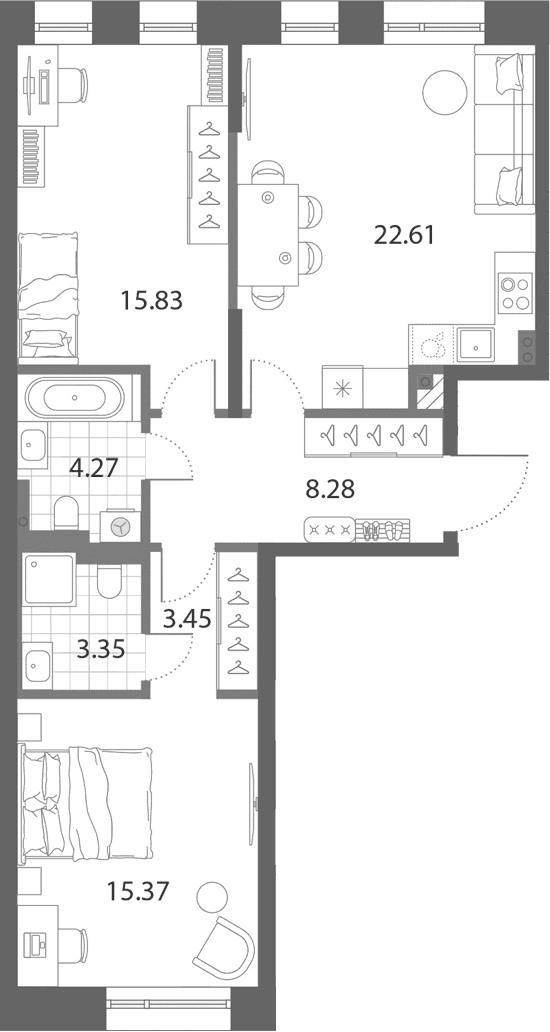 Планировка: Евротрёшка 73,2 м² в ЖК «Нева Арт»