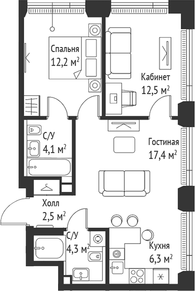 Планировка: Евротрёшка 59,4 м² в ЖК «СЕТ»