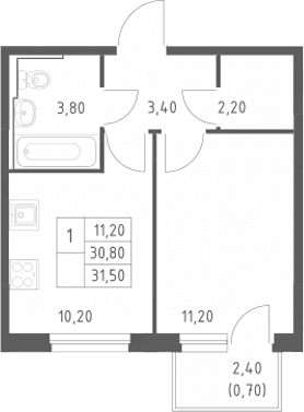 Планировка: 1-комнатная квартира 30,8 м² в ЖК «Химки Парк»