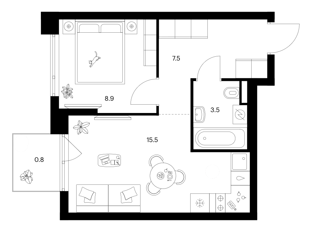 Планировка: 1-комнатная квартира 35,4 м² в ЖК «Зеленый парк»
