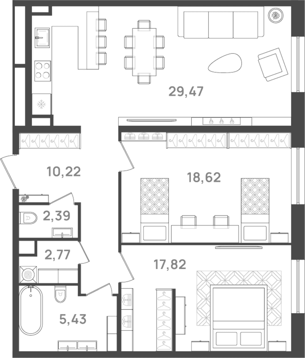Планировка: Евротрёшка 88,3 м² в ЖК «6 Квартал»