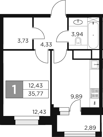 Планировка: 1-комнатная квартира 34,3 м² в ЖК «Восток 2»