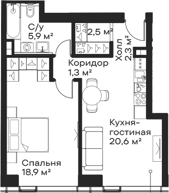 Планировка: Евродвушка 51,5 м² в ЖК «Сити Бэй»