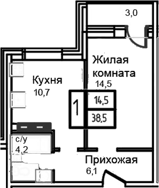 Планировка: 1-комнатная квартира 35,5 м² в ЖК «Троицкий»