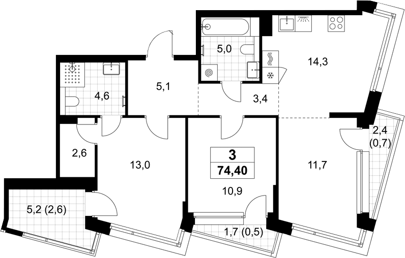 Планировка: Евротрёшка 70,6 м² в ЖК «Хольм»