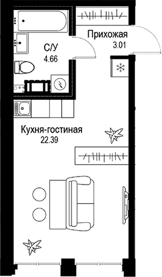 Планировка: Студия 30,1 м² в ЖК «ID Petrogradskaya»
