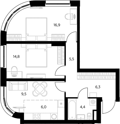 Планировка: Евротрёшка 63,1 м² в ЖК «Адмирал»