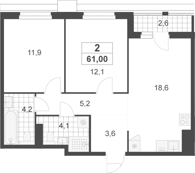 Планировка: Евротрёшка 59,7 м² в ЖК «Деснаречье»