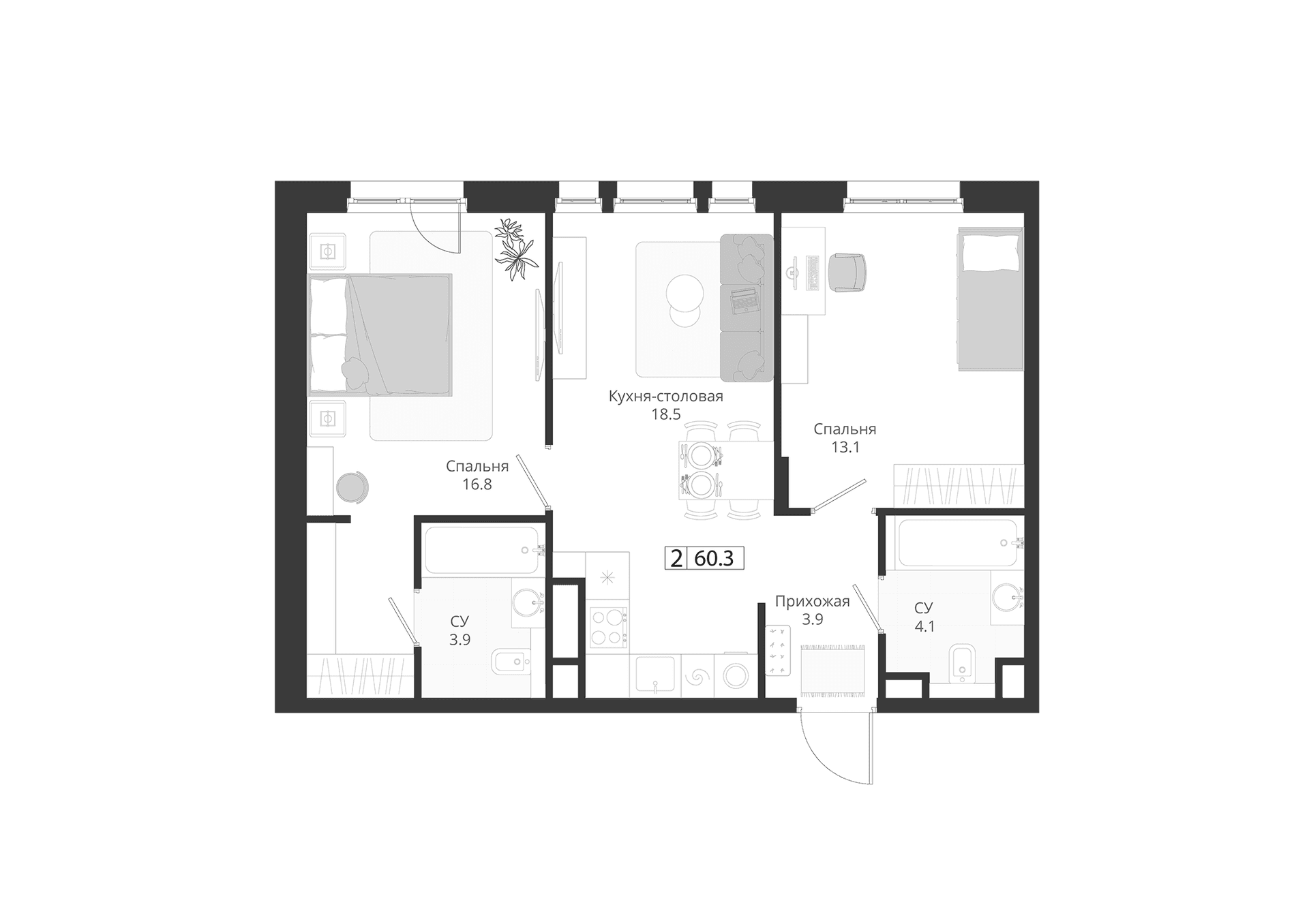 Планировка: Евротрёшка 60,3 м² в ЖК «ГРЭЙ»