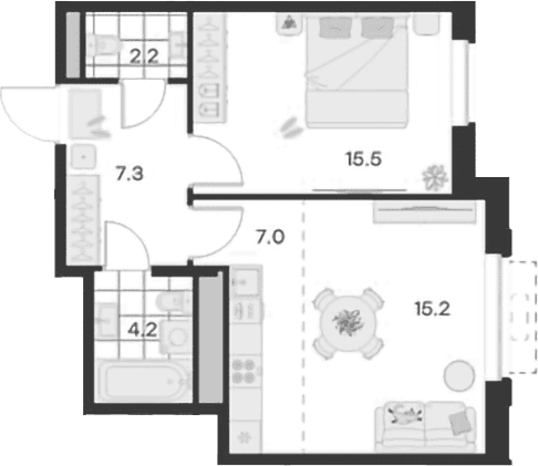 Планировка: Евродвушка 51,4 м² в ЖК «Михалевич»
