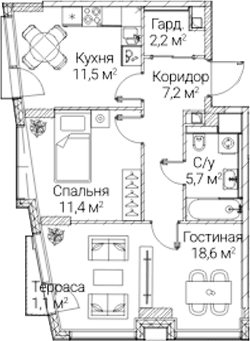 Планировка: 2-комнатная квартира 56,6 м² в ЖК «СЕЗАР БУДУЩЕЕ»