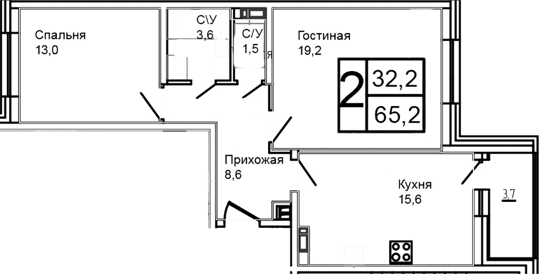 Планировка: 2-комнатная квартира 61,5 м² в ЖК «Троицкий»