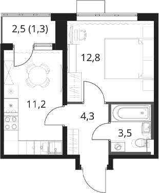 Планировка: 1-комнатная квартира 31,8 м² в ЖК «1-й Шереметьевский»