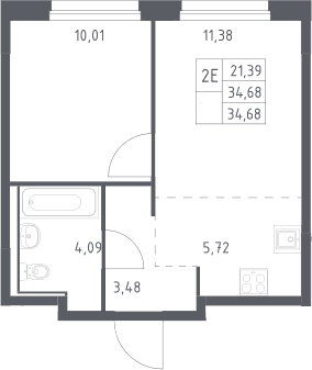 Планировка: Евродвушка 34,7 м² в ЖК «Прибрежный Парк»