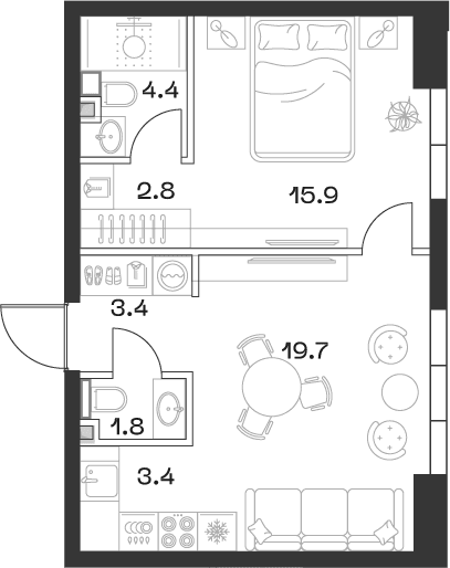 Планировка: Евродвушка 51,9 м² в ЖК «SHIFT»
