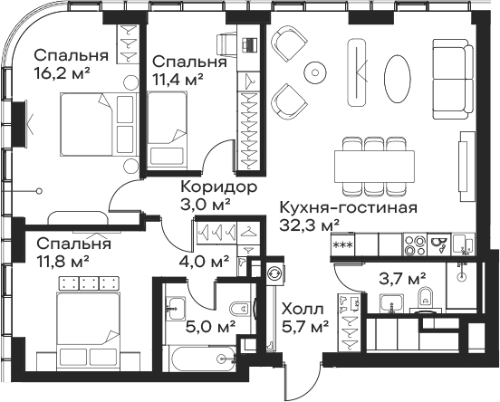 Планировка: Квартира евро-4 93,1 м² в ЖК «Сити Бэй»