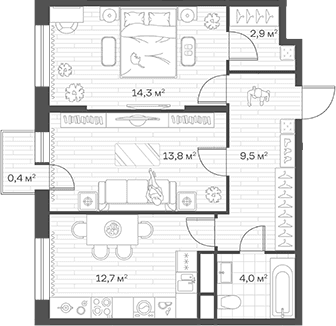 Планировка: 2-комнатная квартира 57,2 м² в ЖК «Аристов Берег»