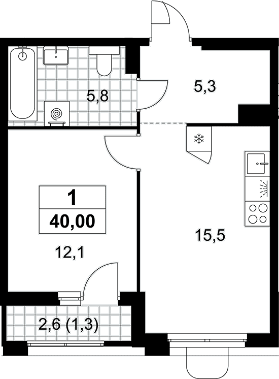 Планировка: Евродвушка 38,7 м² в ЖК «Прокшино»