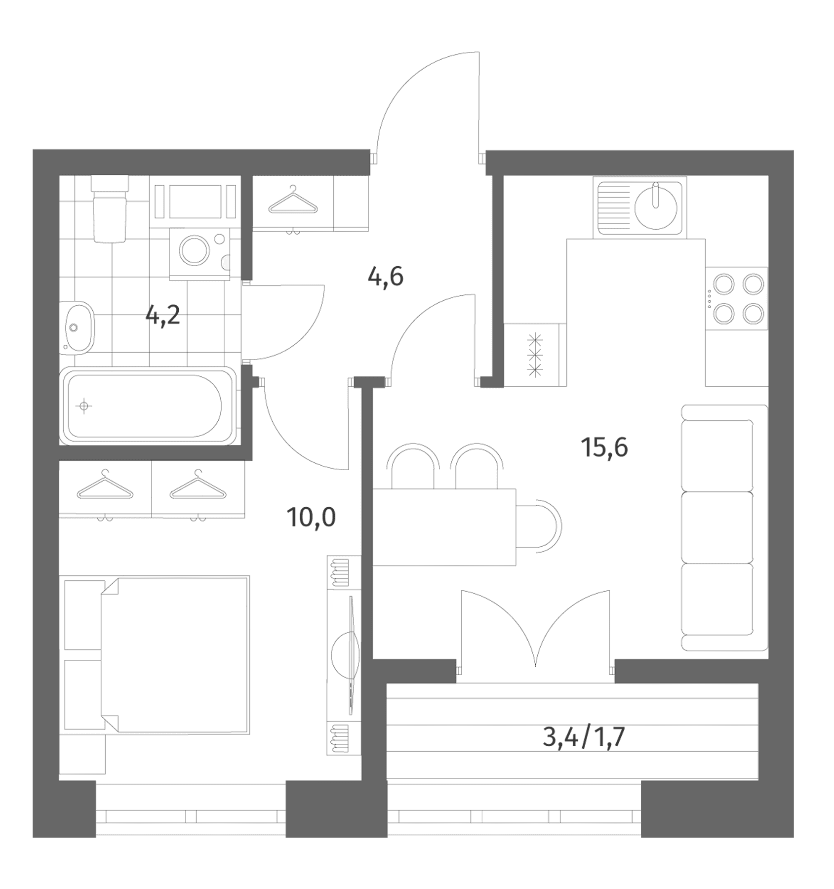 Планировка: Евродвушка 34,4 м² в ЖК «Новый Питер»