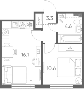 Планировка: Евродвушка 34,6 м² в ЖК «Пулково Лейк»