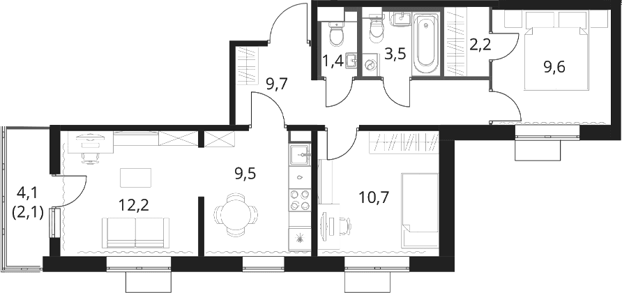 Планировка: Евротрёшка 58,8 м² в ЖК «1-й Шереметьевский»
