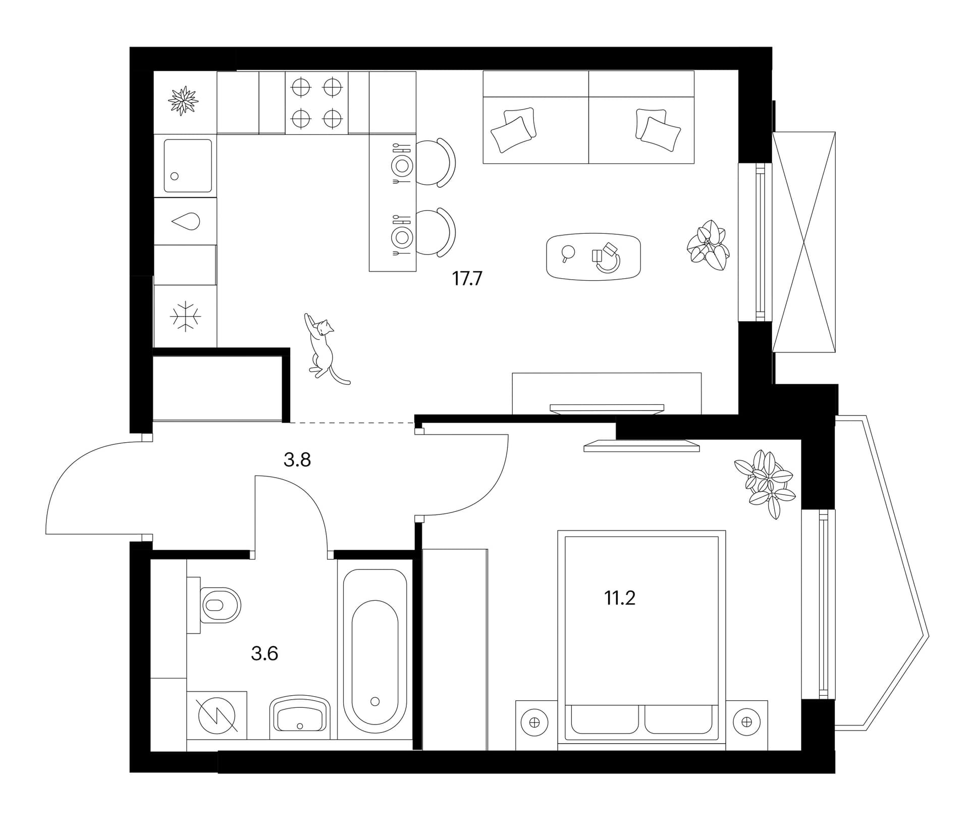 Планировка: 1-комнатная квартира 36,3 м² в ЖК «Мичуринский парк»