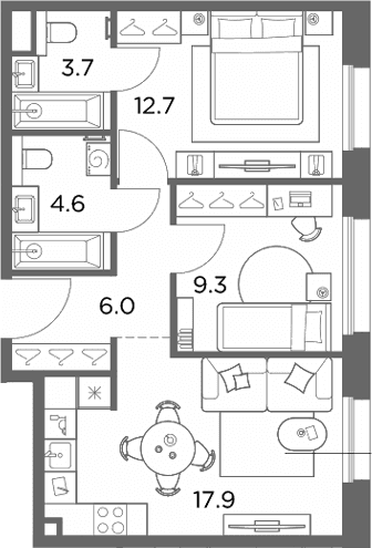 Планировка: 2-комнатная квартира 54,2 м² в ЖК «Станиславский»