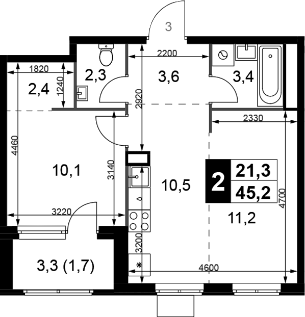 Планировка: Евродвушка 43,5 м² в ЖК «1-й Химкинский»
