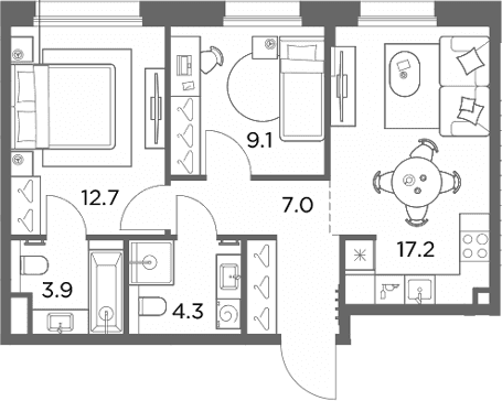Планировка: 2-комнатная квартира 54,2 м² в ЖК «Станиславский»