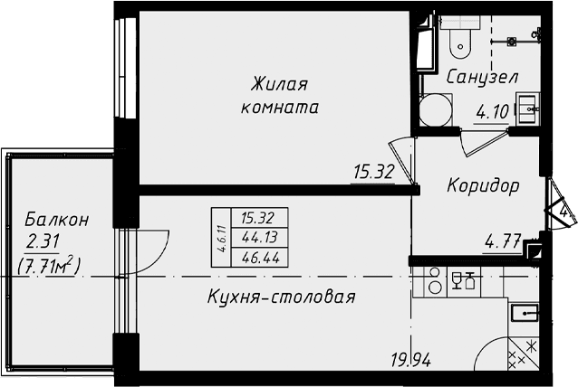 Планировка: Евродвушка 44,1 м² в ЖК «Grona Lund»