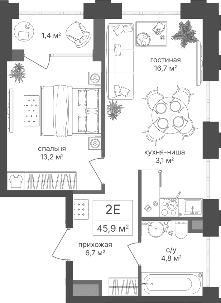 Планировка: Евродвушка 44,5 м² в ЖК «Михалковский»