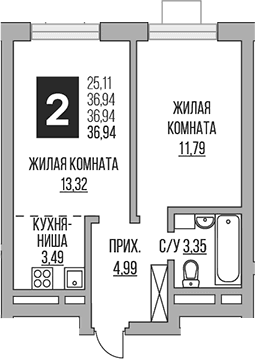 Планировка: Евродвушка 36,9 м² в ЖК «Гранель Ильинойс»