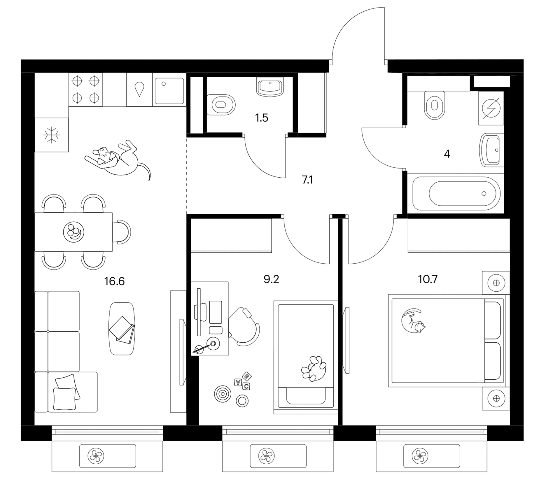 Планировка: 2-комнатная квартира 49,1 м² в ЖК «Белая Дача парк»