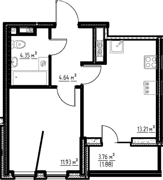 Планировка: Евродвушка 34,1 м² в ЖК «Фабула»