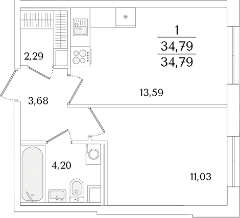 Планировка: Евродвушка 34,8 м² в ЖК «Кинопарк»