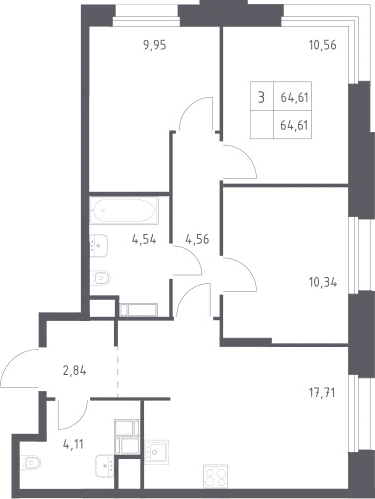 Планировка: 3-комнатная квартира 64,6 м² в ЖК «Тропарево Парк»
