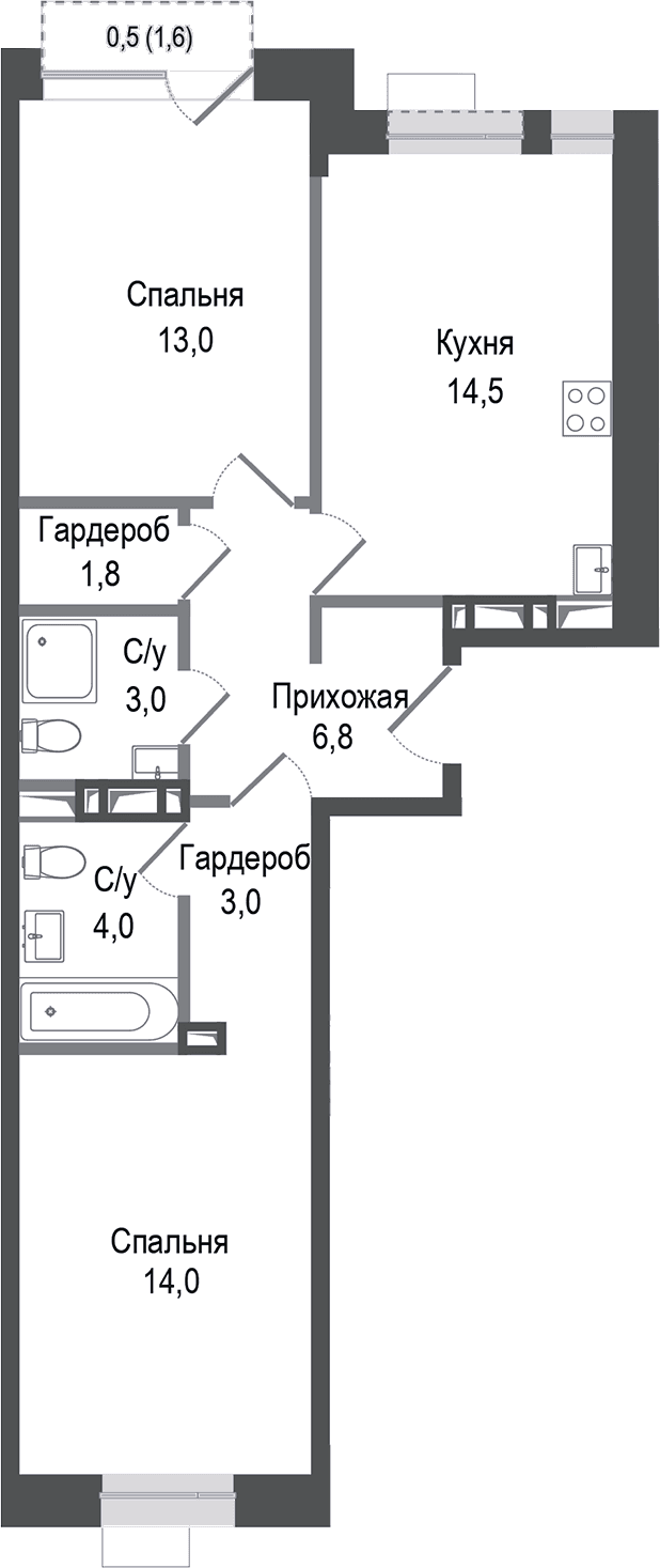 Планировка: 2-комнатная квартира 60,1 м² в ЖК «Киноквартал»