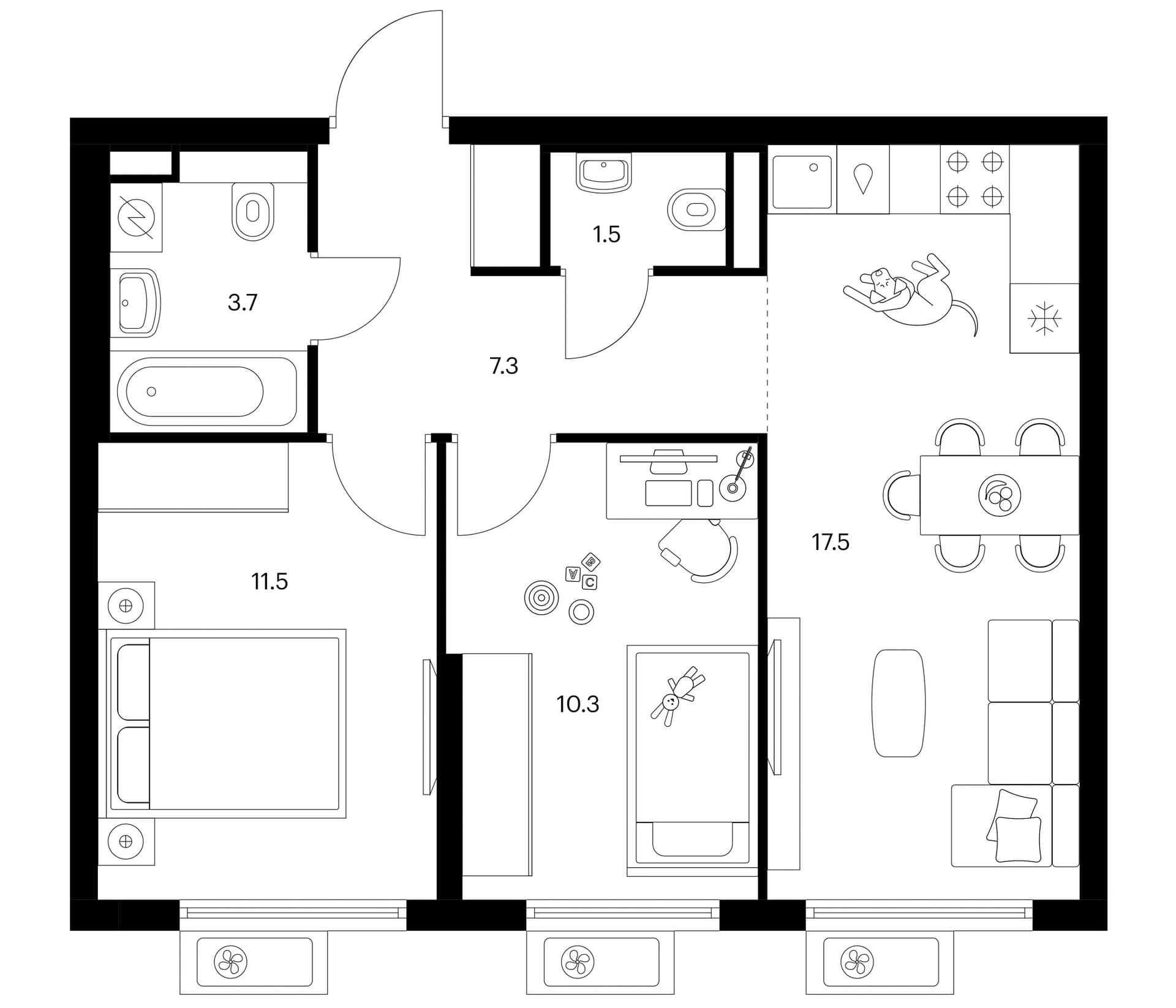 Планировка: 2-комнатная квартира 51,8 м² в ЖК «Белая Дача парк»