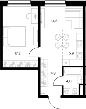 Планировка: Евродвушка 47,3 м² в ЖК «Адмирал»